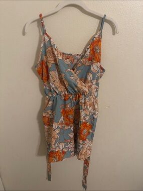 SHEIN Blue Floral Tie-Waist Cami Romper with Orange Blooms